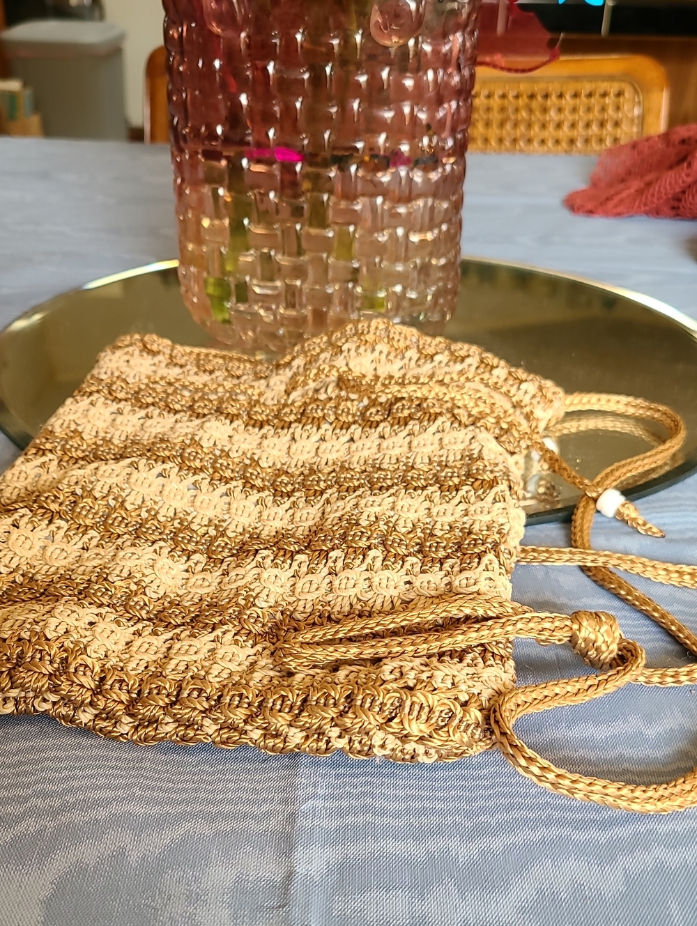 Handwoven Gold Crochet Drawstring Bag